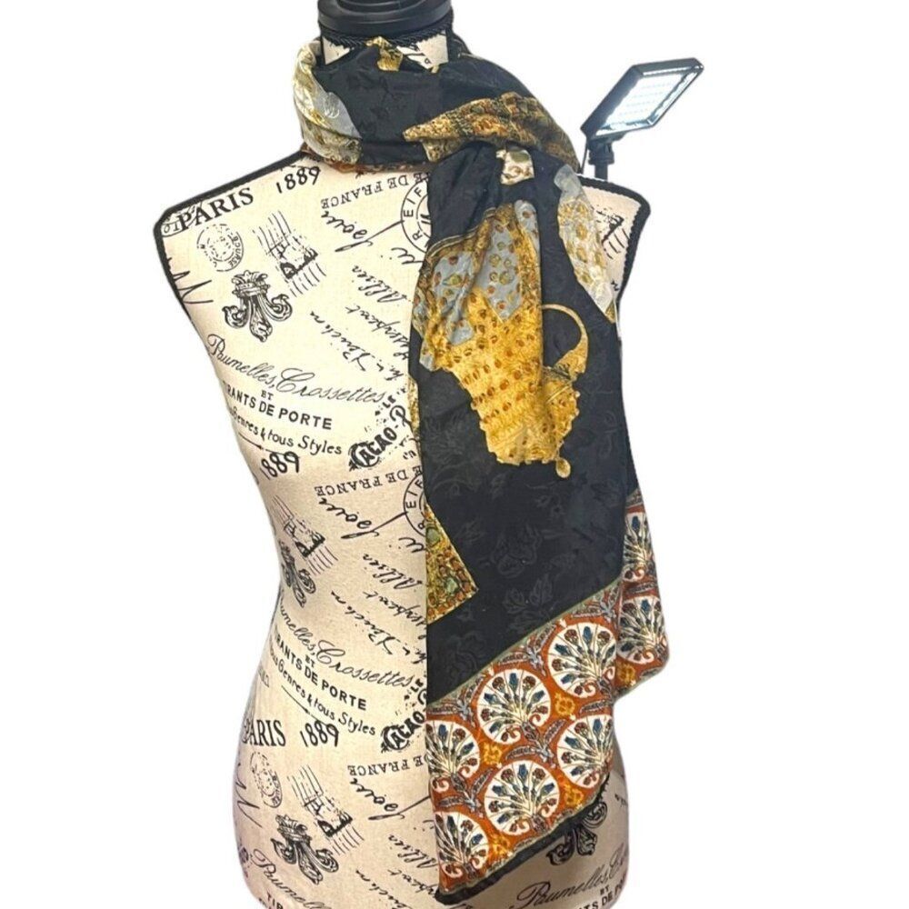 Vintage Silk Scarf Golden Teapots Knives Jewels Pattern Large 47" Classic India